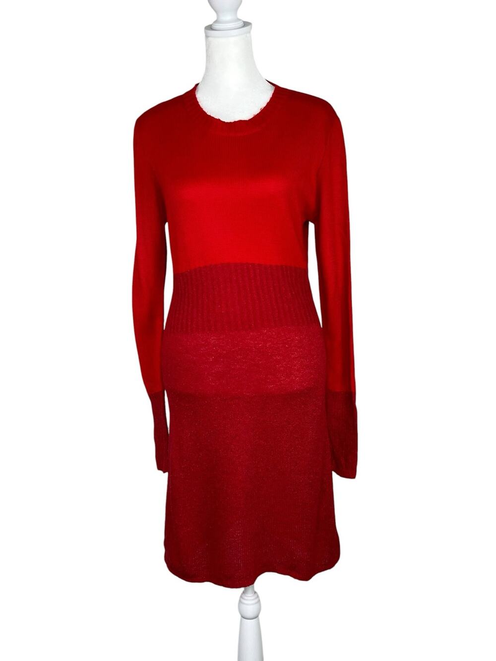 Vintage 80s Styleworks Red Dropped Waist Ribbed Knit Long Sleeve Sweater Dress S